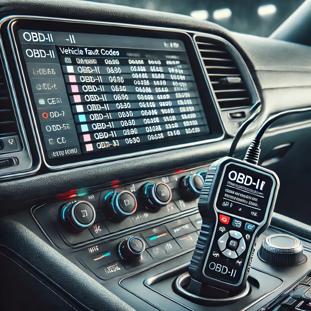 Car diagnostic port with a connected OBD-II scanner and fault codes